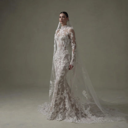 Ivory Lace Mermaid Wedding Dresses for Bride Removable High Neck Long Sleeve Backless Garden Beach Bridal Gown Customized