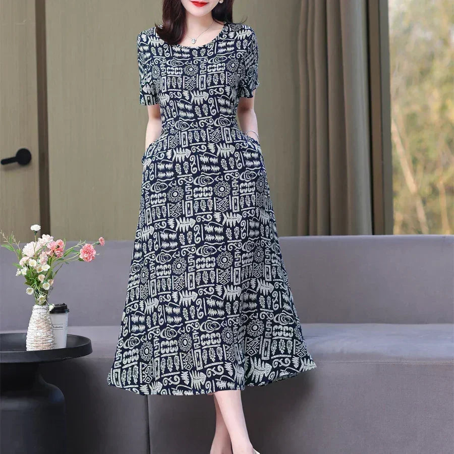 New Fashion Casual 2024 Summer Elegant Dresses For Women O-Neck Print Vintage Short Sleeve Dress Loose Women Clothing