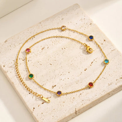 Dainty Colorful CZ Station Choker Necklace, Womne's Gold Plated Stainless Steel Chain Tarnish Free Stackable Jewelry Waterproof