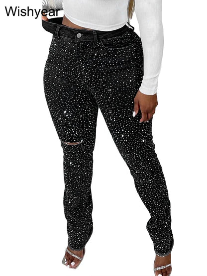 Fashion Skinny Stretch Jeans for Women Luxury Diamonds Hole Pencil Pants High Waist Washed Streetwear Y2k Streetwear Trousers