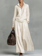 Elegant Solid Loose Two Piece Set Fashion Lapel Zipper Pullover & Wide-leg Pant Suit Women Casual Long Sleeve Outfits