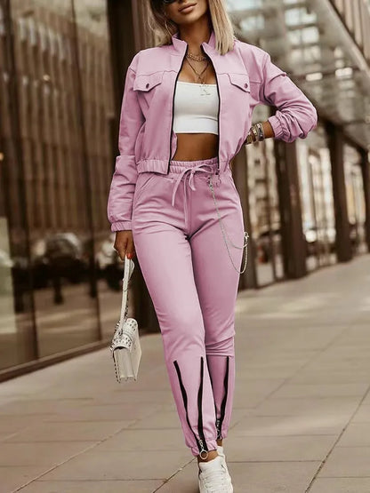 Autumn Women's New Zipper Short Long Sleeve Suit Solid Color Fashion