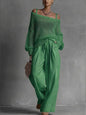 Vintage Women 2 Piece Outfit Off Shoulder Hollow Out Knit Sweater Top Elastic Drawstring Wide Leg Long Pants Casual Matching Set