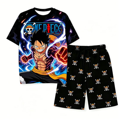 Anime One Piece Luffy Printed Short Sleeve T Shirt and Shorts Set