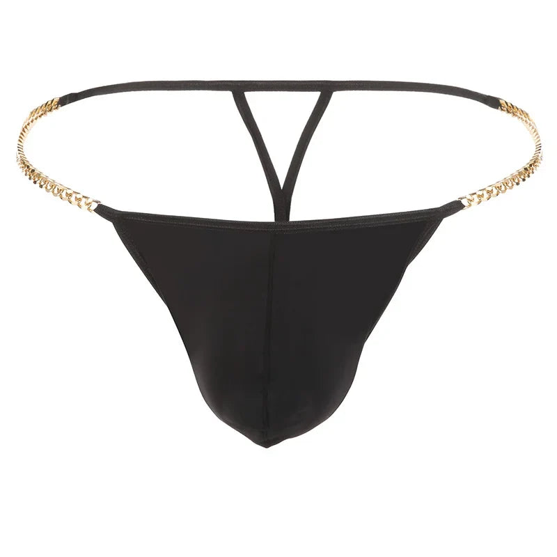 Men's Sexy Ultra Thin Low Rise High Slit Thong Metal Chain Low Rise G String Briefs Exotic Mini Micro Panties 18+ Adult Lingerie