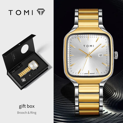 TOMI Men's Quartz Watch New Fashion Box Set Cufflinks Ring Fashion Set Box Watch as a Gift for Men's Gift Box