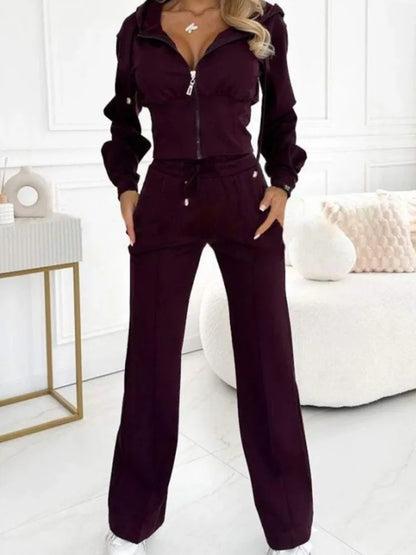 Autumn Casual Solid Sportswear Women Set Fashion Zipper Hooded
