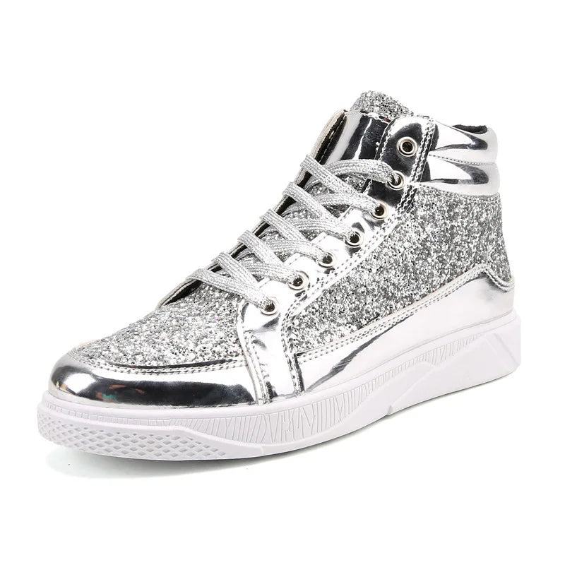 Fashion Men High Top Sneakers Male Ankle Boots Gold Luxury Glitter