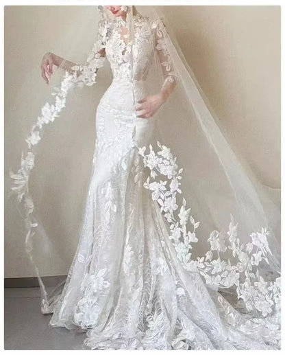 Customized Romantic Appliques Mermaid Wedding Dress Long Sleeves V-neck Backless Bridal Dresses Wedding Party Dress No veil