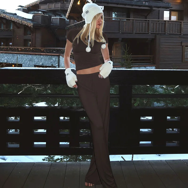 Casual Long Pants Suits Women O-Neck Short Sleeve T-Shirt Elastic