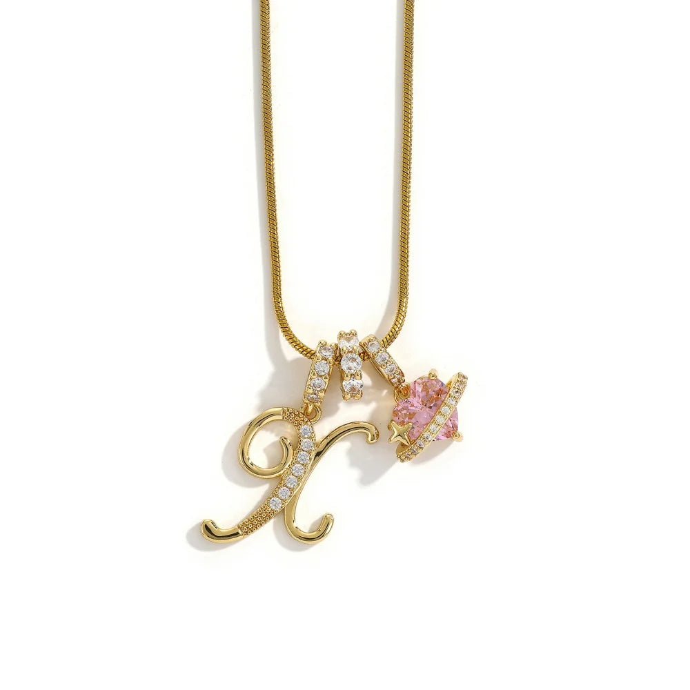 Gold Color Zircon Flower Pendant Necklace Female A-Z 26 Letter Alphabet Wedding Jewelry Gift for Women