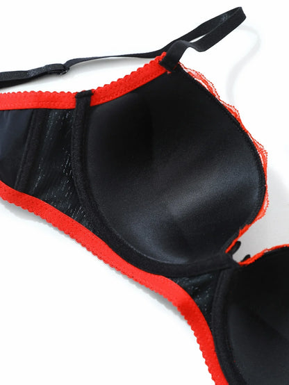 Women's Sexy Contrast Color Lace Push Up Bra Underwire Adjustable Straps Red Lace Trim Comfortable Lingerie
