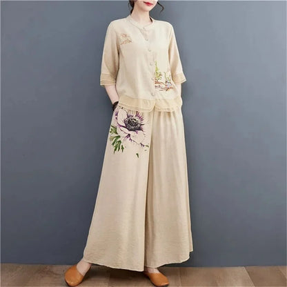 Ethnic style Pant Suit Women's Ramie Upper Garment Summer Cotton Linen Cardigan Embroidery Mother's Loose Two-Piece Set Female