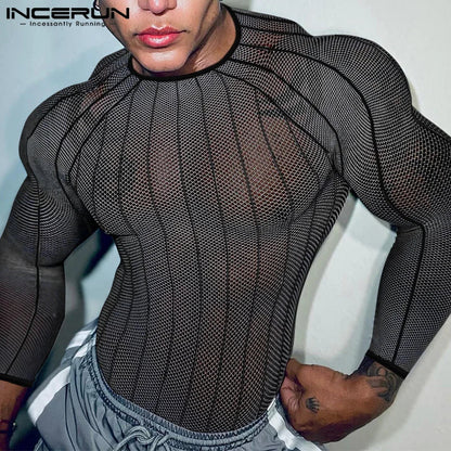 Party Nightclub Style Tops INCERUN Men's See-through Thin Design T-shirts Sexy Leisure Male Hot Sale Long Sleeved Camiseta S-3XL