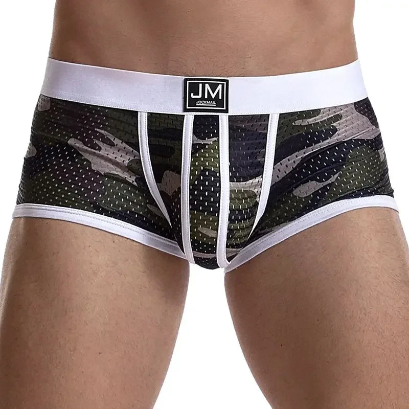 Camo Boxer Briefs Mesh Underwear Breathable for Gym/Running/Outdoor Sports Trunks Shorts Cueca Gay Male Panties Underpants