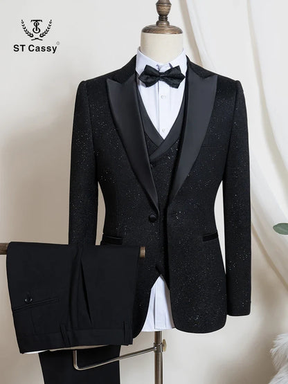 Luxury Man Suits High Quality 3 Pieces Littering Rhinestone Embellishment Wedding Dress Shining Flash Diamond Tuxedo Dinner Suit