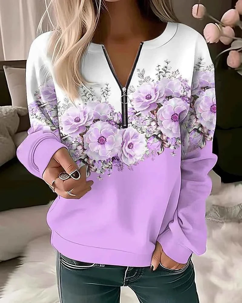 Floral Oversized Zip-Up Hoodie for Women