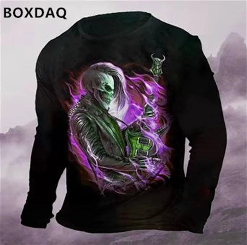 Horror Skulls Style Men T-Shirts Spring Autumn Long Sleeve Rock Skull 3D Print Street Hip Hop Male Tees 6XL Big Size Casual Tops