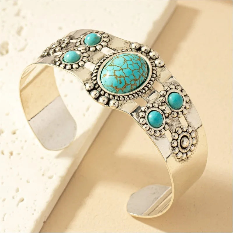 Vintage Bohemian Style Artificial Inlaid Turquoise Cuff Bangle for Women Men Personality Creative Design Bangles Jewelry Gift