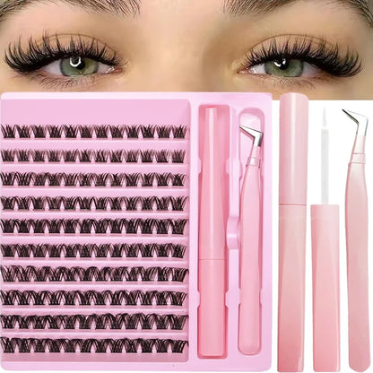 DIY Individual Lash Clusters Kit, Wispy D Curl False Eyelashes Complete Extension Set with Lash Bond Easy to Apply