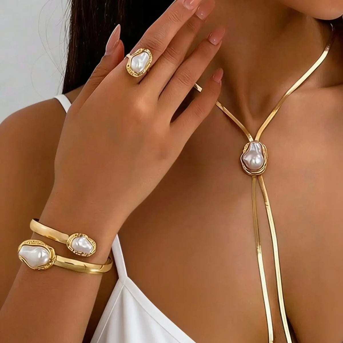 Elegant French Spiral Black Resin Stone /Imitation Baroque Pearl Jewelry Set Women Herringbone Chain Necklace Earrings Ring