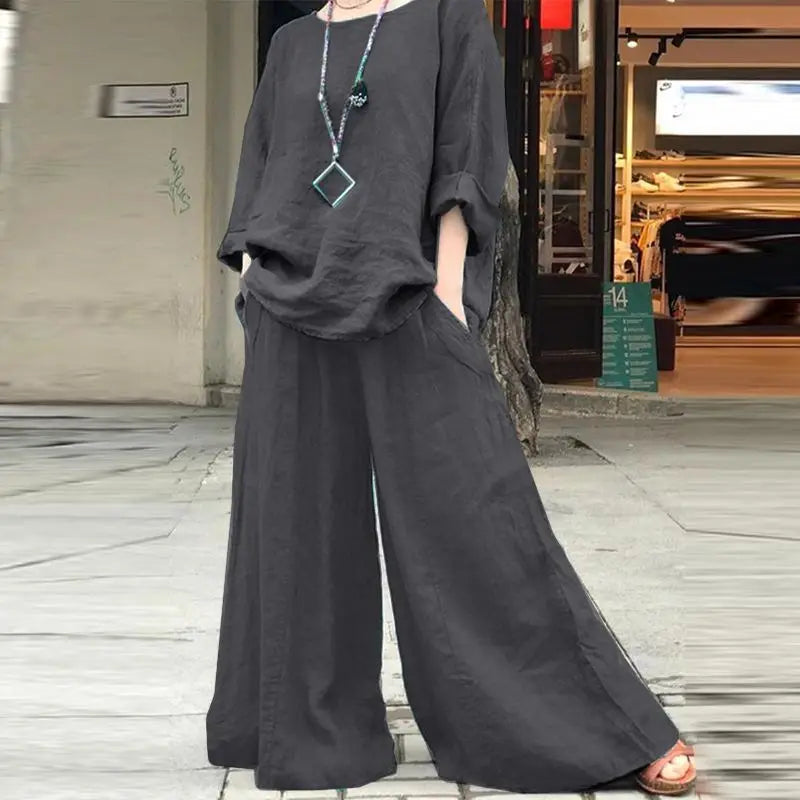 Casual Cotton Linen Set Women's O Neck Long Sleeve Blouses Wide Leg