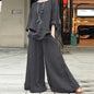 Casual Cotton Linen Set Women's O Neck Long Sleeve Blouses Wide Leg