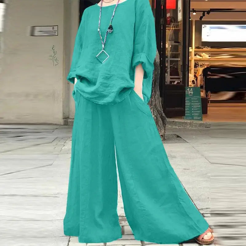 Casual Cotton Linen Set Women's O Neck Long Sleeve Blouses Wide Leg