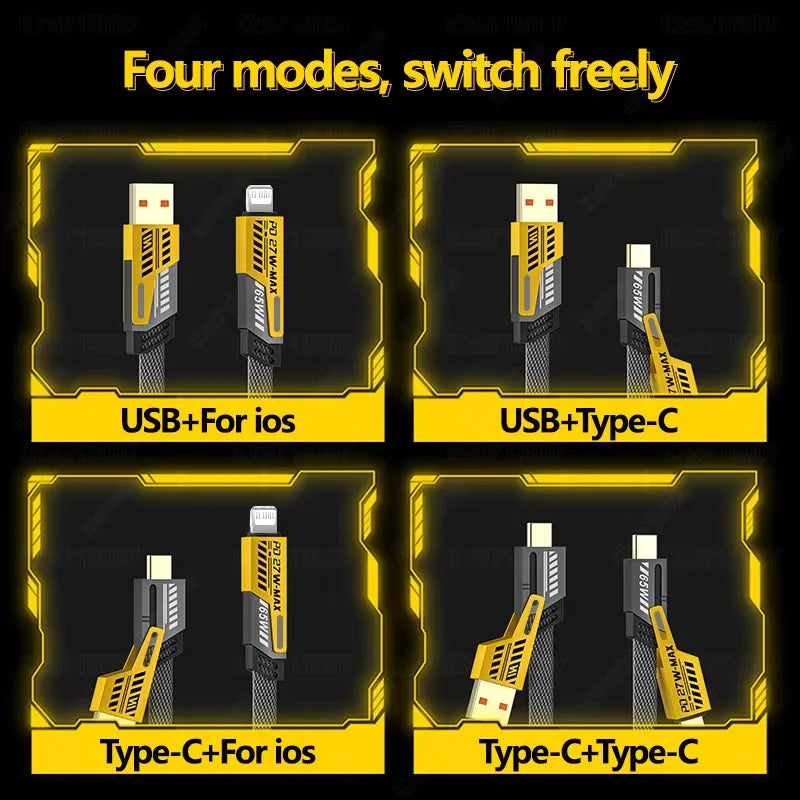 65W Quick Charger Spring USB Cable 4 in 1 Spring Data Cable 6A USB Type C Spring Telescopic Wire for iPhone iPad MacBook Huawei