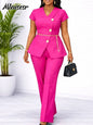 Mlaiscsr Short Sleeve V-Neck Jacket Coat and Straight-leg Pants 2 Pieces Set for Woman Elegant Office Blazer Suits Female Outfit