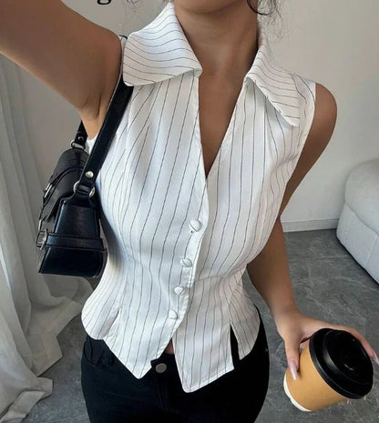 Sleeveless Lapel Short Sleeved Solid Color Button Women's Suit Jacket High Street Fashion Daily Elegant Summer Top
