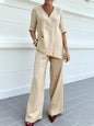 Women's Two-piece Set 2026 Mid-sleeve V-neck Top Straight Pants Spring Summer Women's New Casual Cotton Linen Solid Color Suit