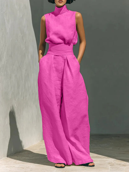 2026 Sleeveless Top+Wide Leg Pants Summer Casual Two-Piece Set Elegant And Loose Office Set High Street Pocket Women's Suits
