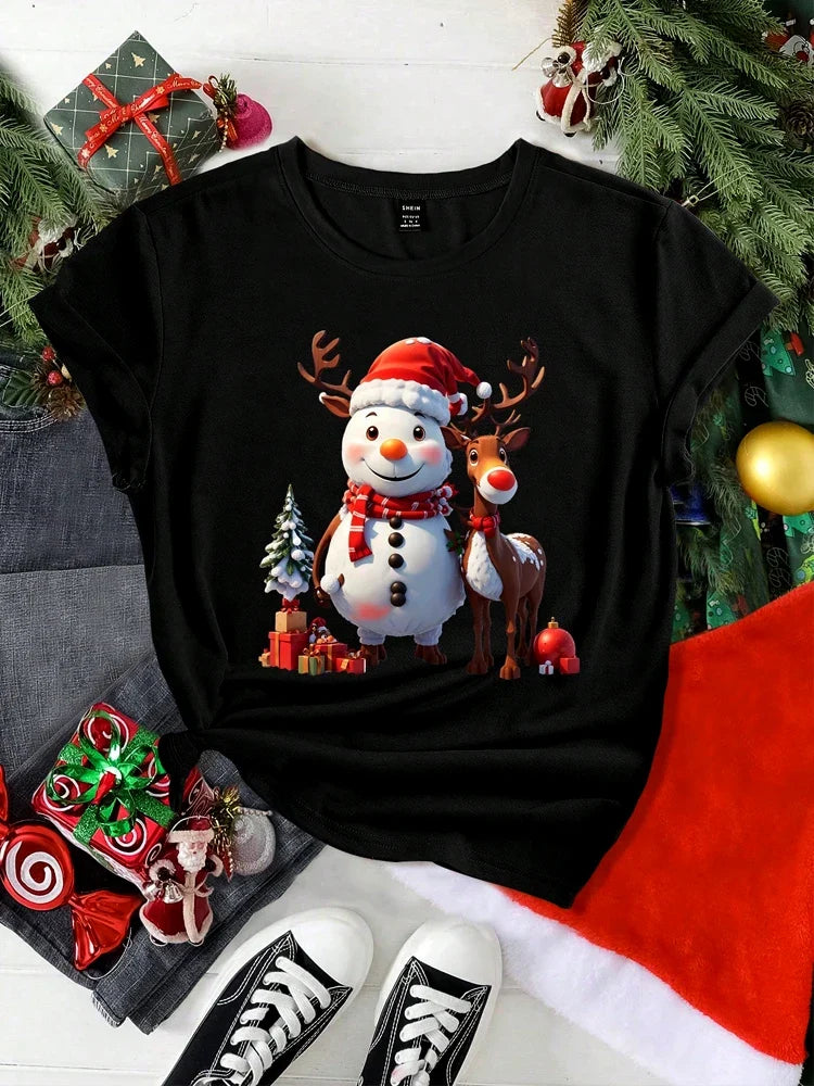 Christmas Women Casual T Shirt Cartoon Snowman Reindeer Christmas Tree Print Female Short Sleeve T-Shirt Suitable for All Season