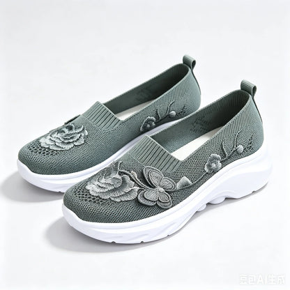 2026 Summer Women Breathable Knit Floral Embroidery Platform Loafers Slip On Walking Shoes Lightweight Soft Cushion Insole Anti Slip Wedge Sole Comfort Casual Daily Outdoor Travel Nurse Footwear Black Khaki Green Multiple Siz
