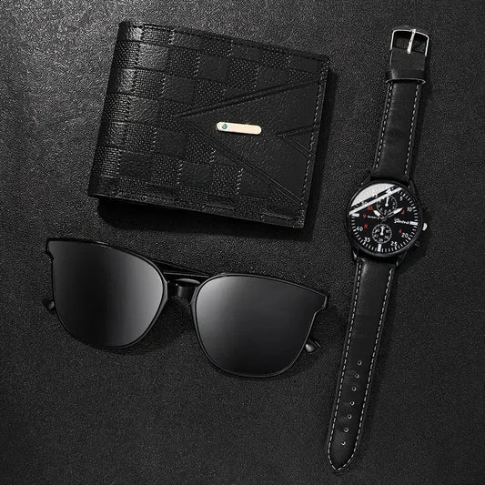 Men's Watch Gift Set – Quartz Watch, Sunglasses & Wallet 3-Piece Set, Casual Gift for Men