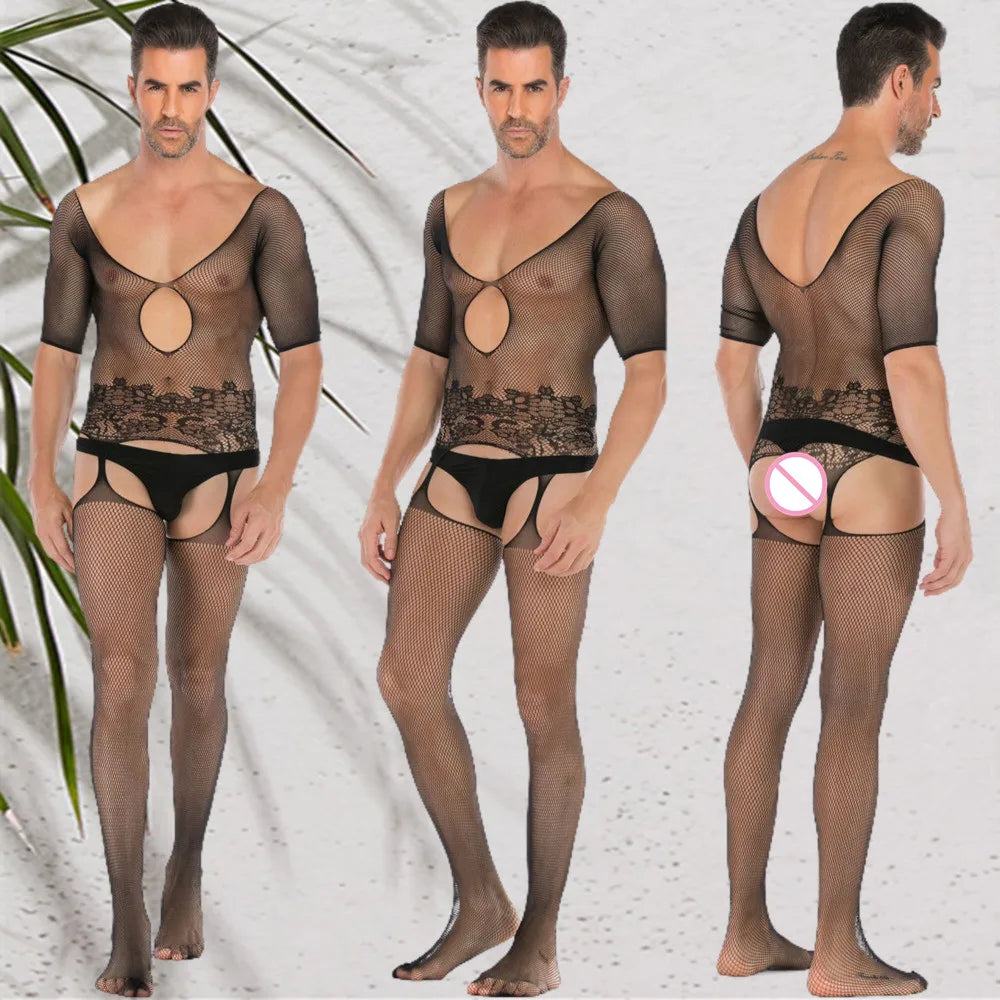 Sexy Adult Couple Sex Tоy 2025 Man's Fishnet Lingerie Jumpsuits Male Sheer Babydoll Nightwear Sleepwear Porn Gentlemen Underwear