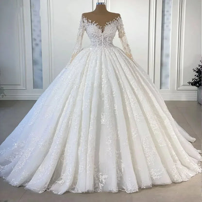 Customized A-Line Scoop Wedding Dresses Illusion Long Sleeves Appliques Lace Bridal Gowns Sweep Train Garden Brides Dress