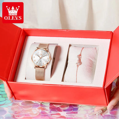 OLEVS 5653 Woman Watches Elegant Original Quartz Watch Waterproof Arabic Numerals Mesh Belt Date Ladies Watch Set Bracelet Watch