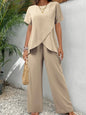 Summer Casual Short Suit Women Fashion Round Neck Short Sleeve Irregular Tops Elastic Waist Shorts 2 Piece Sets Womens Outfits