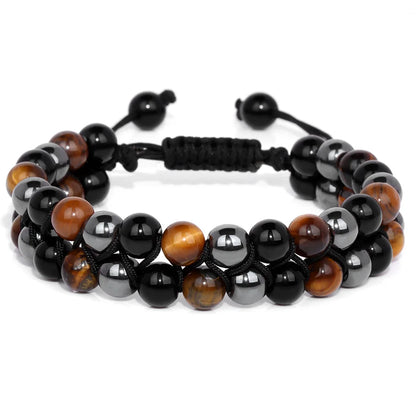 Men Triple Protection Stone Bead Bracelet Double Layers Tiger Eye Hematite Obsidian Rope Wrap Bracelet Handmade Jewelry Gift