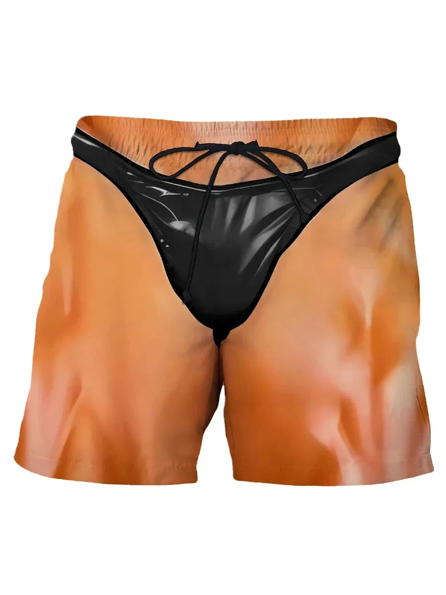 Summer New Men's Board Shorts Swimming Pants Drawstring Funny Shorts Fake Shorts Underwear Printed Micro Elastic Shorts