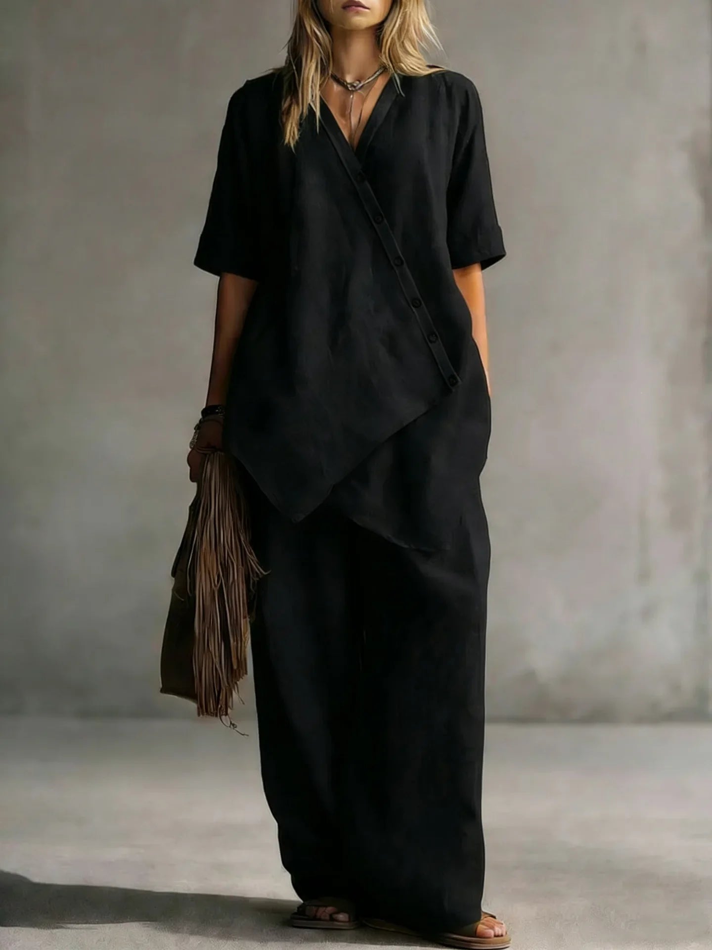 Women's Fashion Casual Solid Color V-Neck Loose Short Sleeve Top and