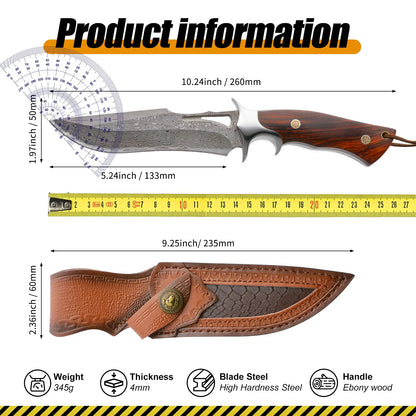 A Large Damascus Handmade Forged Knife - Fixed Blade, Wooden Handle
