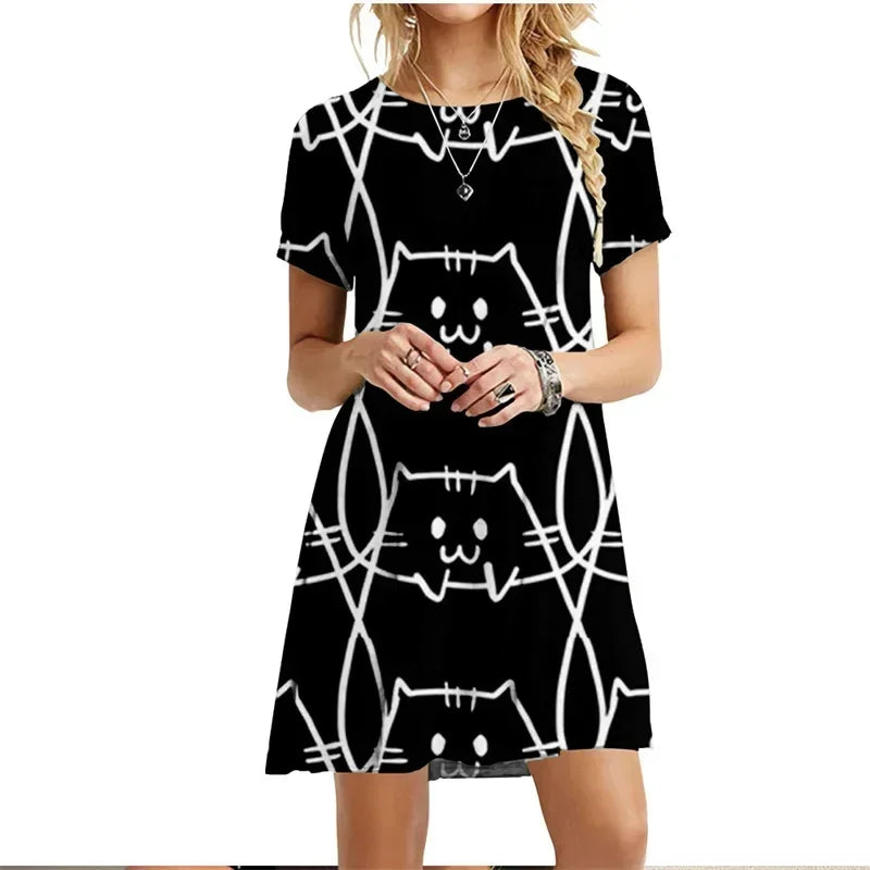 Painted Patters Cats Print Dress Short Sleeve Kawaii Women Dresses Summer For 2022 Fashion O-Neck Street Casual Loose Clothing