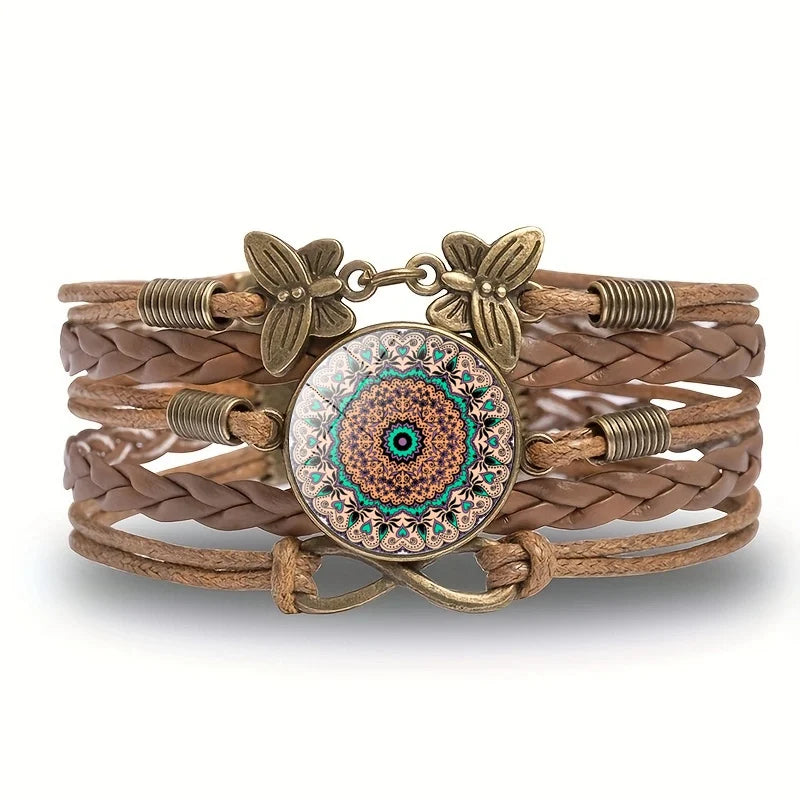 Classic Mandala Butterfly Infinity Charm Bracelet Vintage Multilayer Brown Woven Leather Bracelets For Women Men