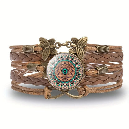 Classic Mandala Butterfly Infinity Charm Bracelet Vintage Multilayer Brown Woven Leather Bracelets For Women Men