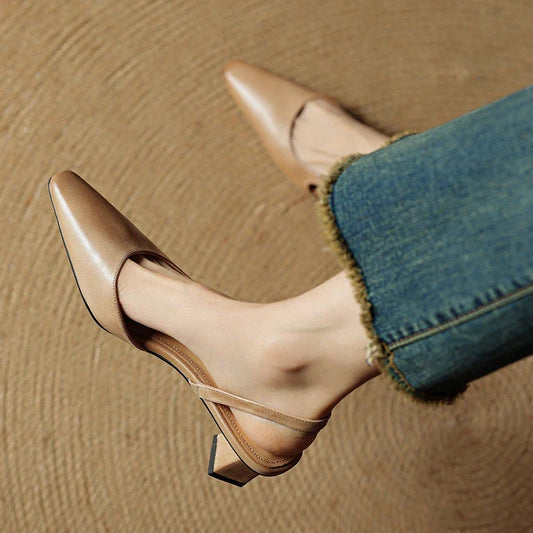 2025 Summer Women Sandals Genuine Leather Women Shoes Cover Toe Slingback Shoes Pointed Toe Med Heel Concise Designer Sandals