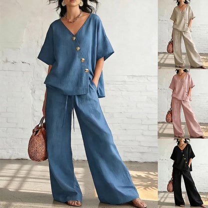 Casual Cotton Loose Pants Sets Women Summer Fashion Short Sleeve