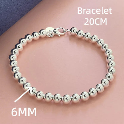 925 Sterling Silver Round Bead Chain Necklace 4/6/8mm Smooth Ball Beads 40-60CM Choker Necklaces for Women Daily Jewelry